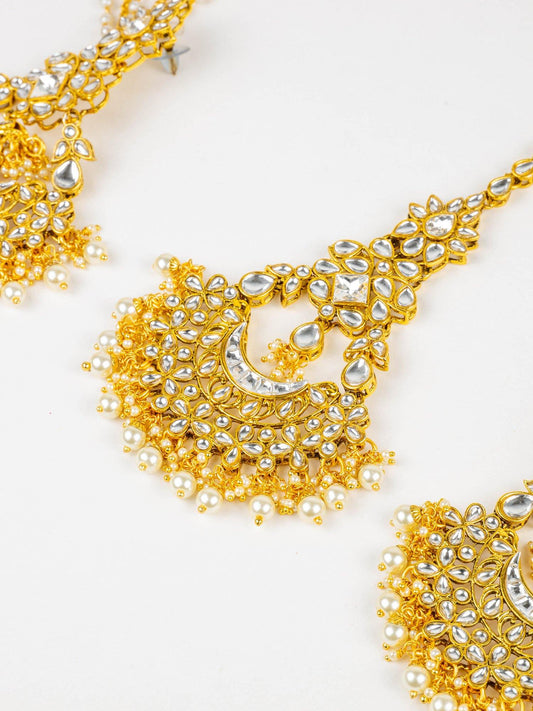 White Golden Tikka & Earrings with Hair Chain - Noor Zaara