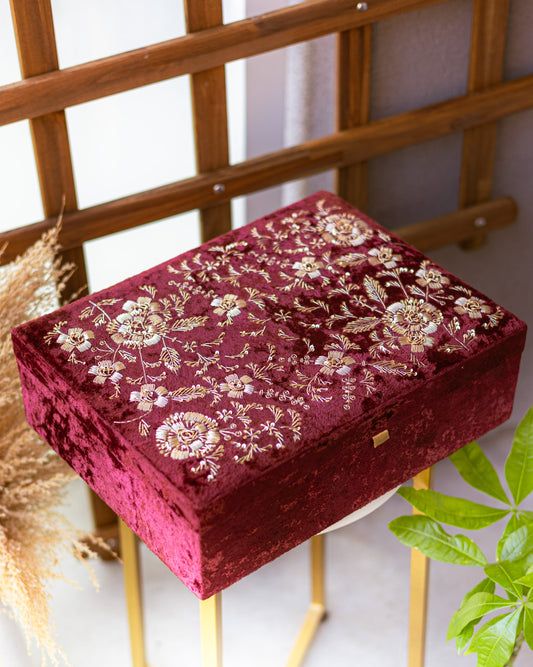 Rich Silk Red Brocket Trousseau Trunk with Chooda, Kaleera box by Heer