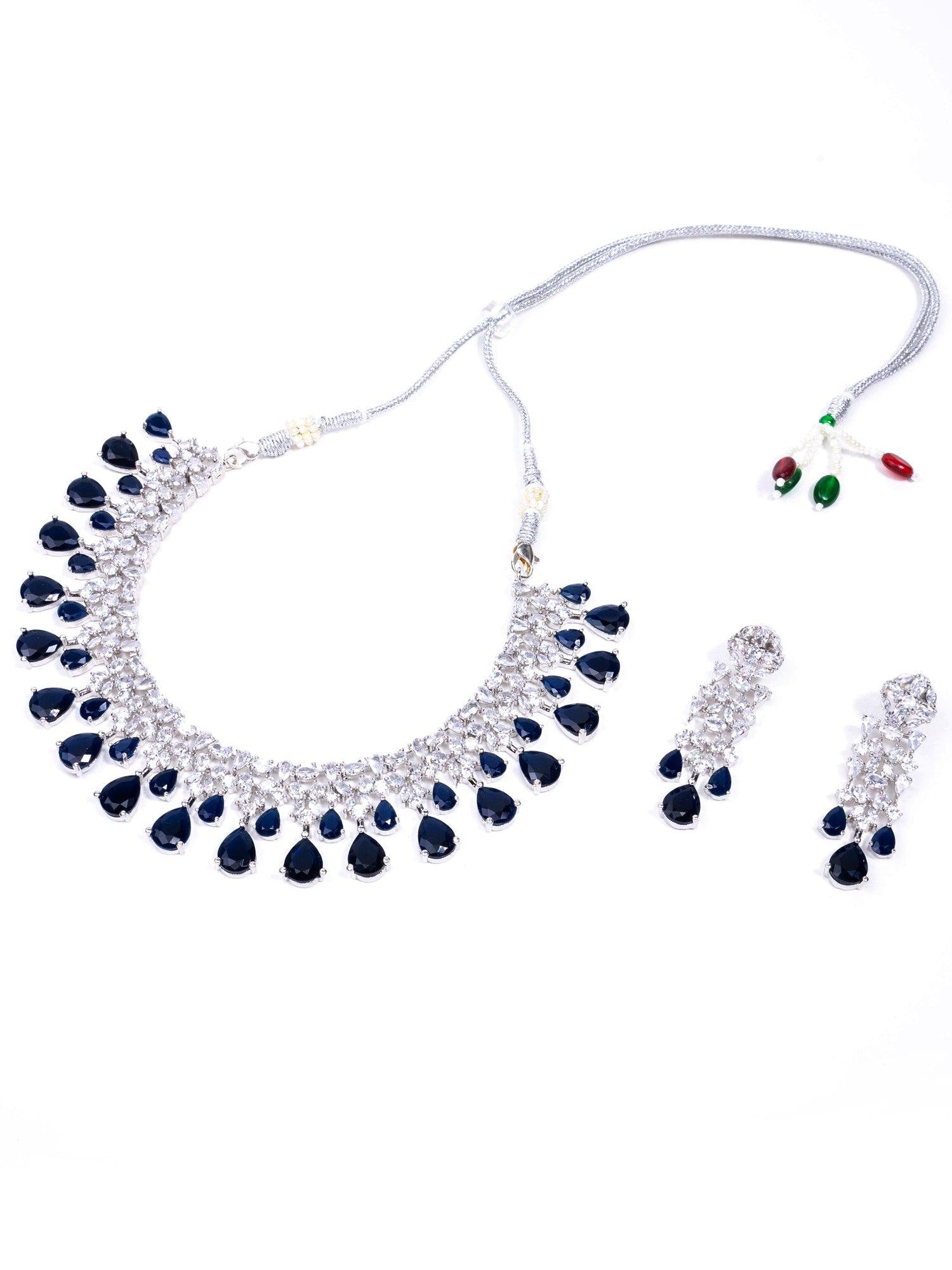 Silver Diamondesque Stone Choker & Chandelier Earrings - Noor Zaara