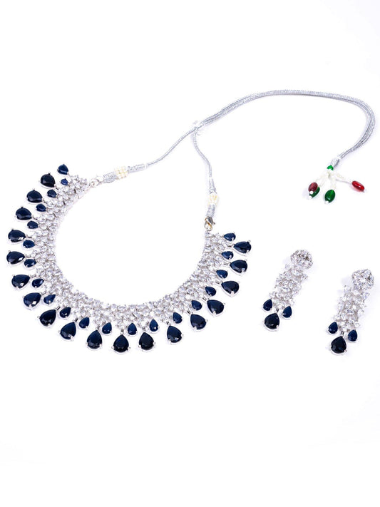 Silver Diamondesque Stone Choker & Chandelier Earrings - Noor Zaara