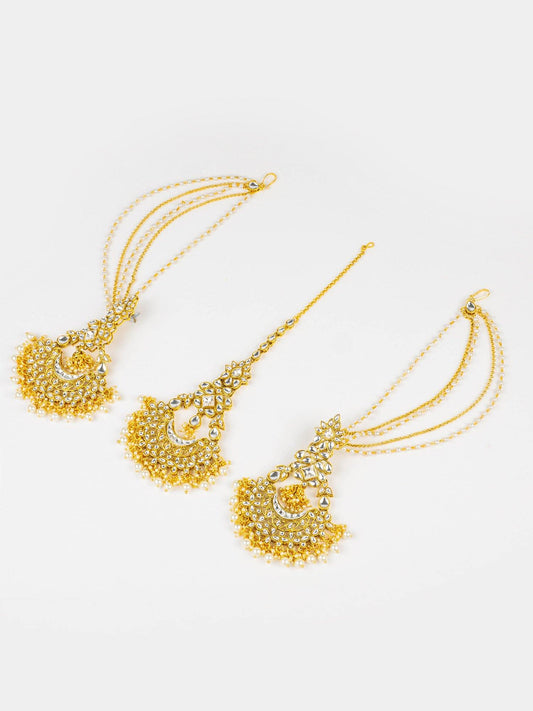 White Golden Tikka & Earrings with Hair Chain - Noor Zaara