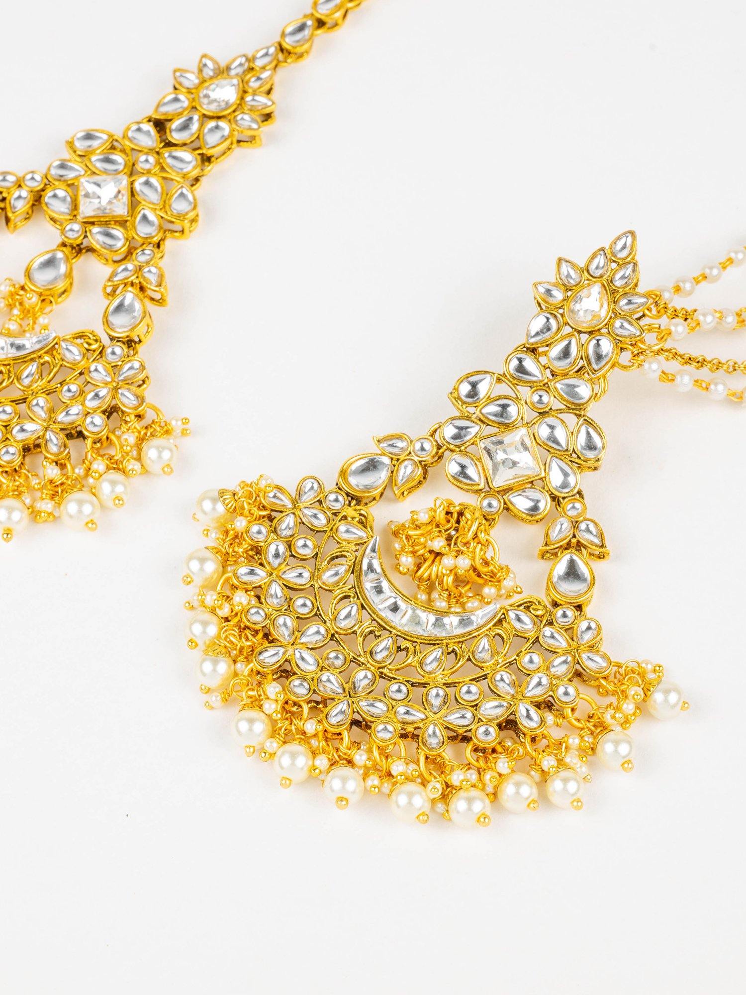 White Golden Tikka & Earrings with Hair Chain - Noor Zaara