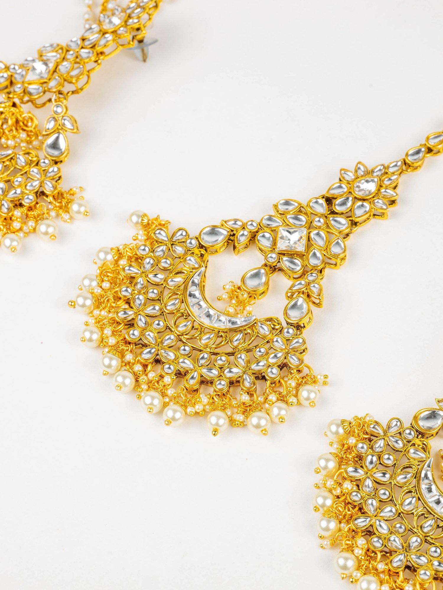White Golden Tikka & Earrings with Hair Chain - Noor Zaara