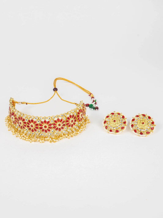 Golden Red Collar Choker & Round Earrings - Noor Zaara