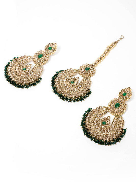 Emerald Green Princess Earrings with Tikka - Noor Zaara