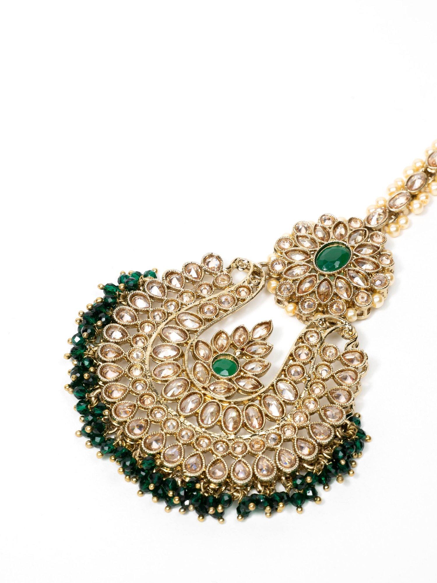 Emerald Green Princess Earrings with Tikka - Noor Zaara
