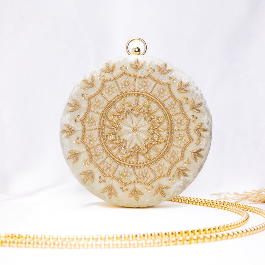 Cream Round Velvet Clutch