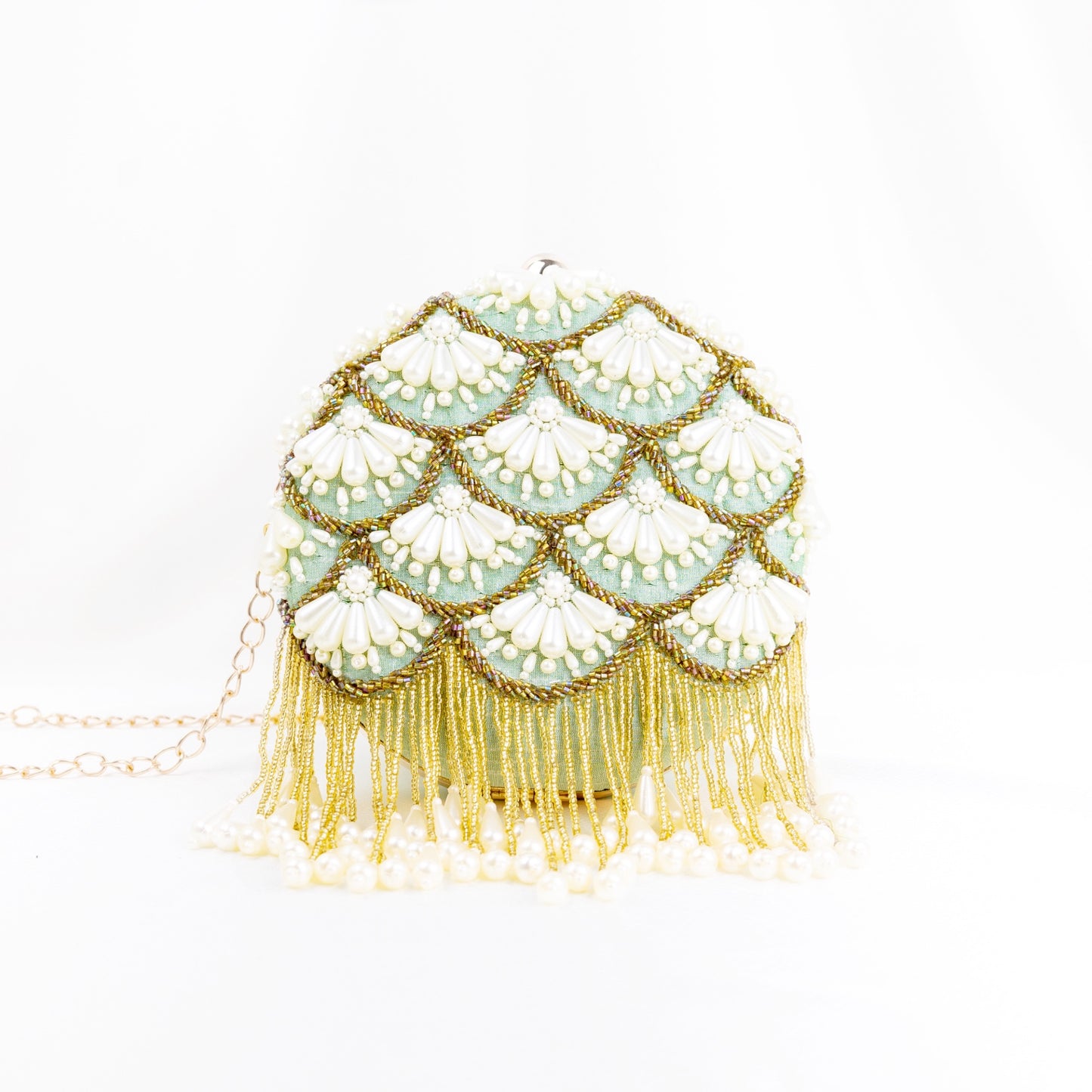 Oceanic Elegance: Sea Green Embroidered Clutch with Lustrous Pearls