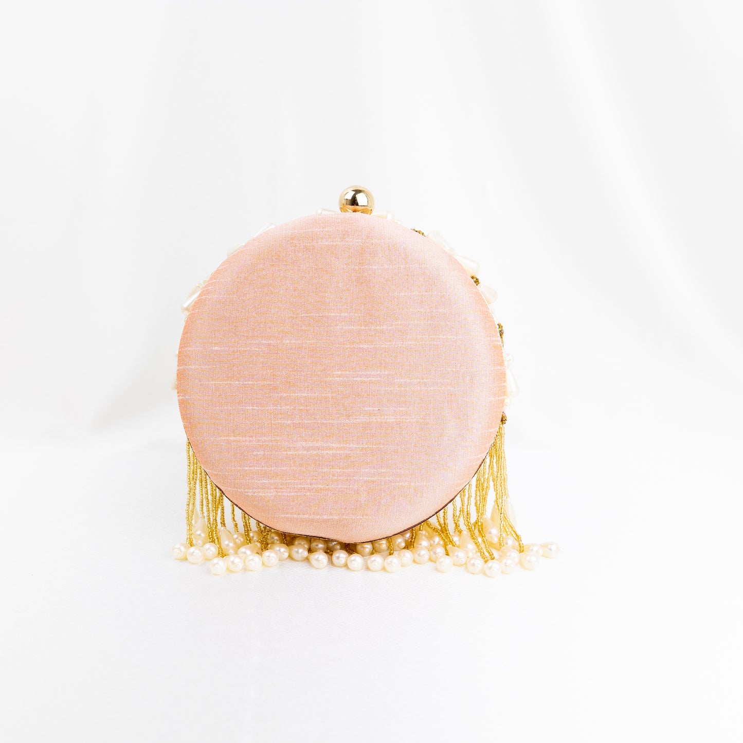 Pearl Elegance: Peach Round Clutch with Golden Embroidery and Lustrous Pearls