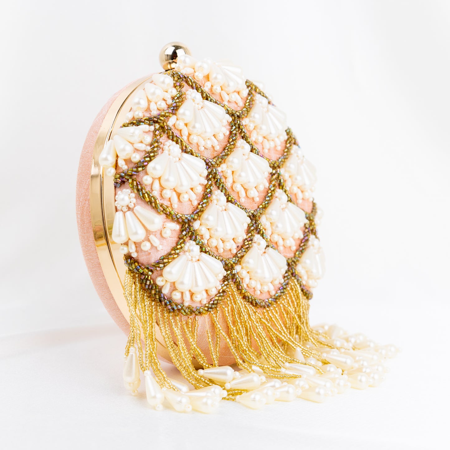 Pearl Elegance: Peach Round Clutch with Golden Embroidery and Lustrous Pearls